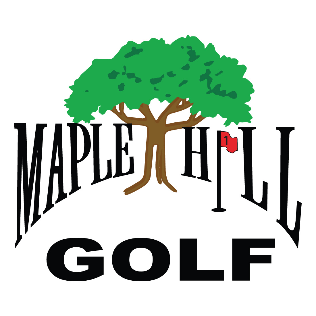 logo with giant tree in the middle and golf flag in red on the side with Maple Hill Golf text.